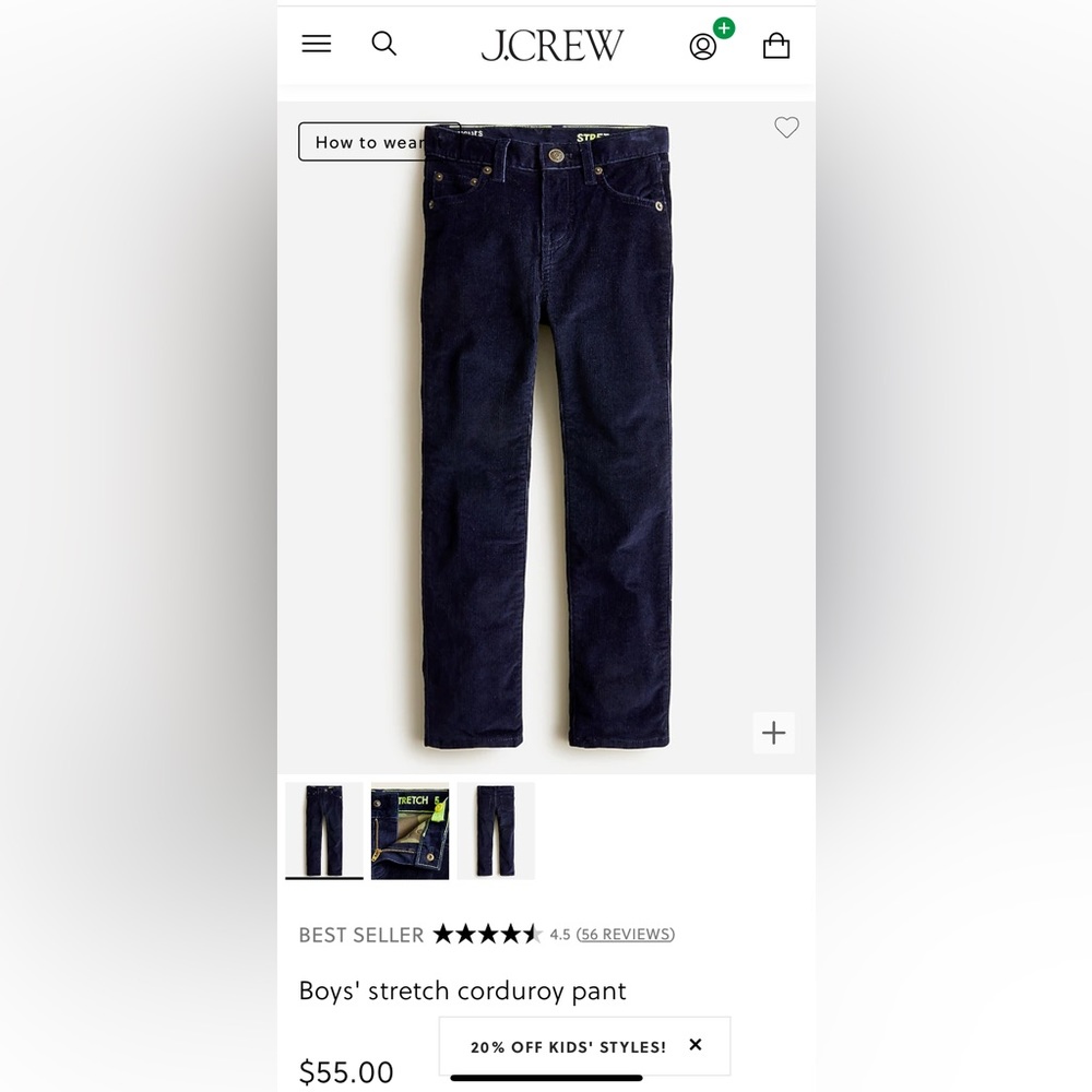 NWT J Crew Boys stretch corduroys size 12